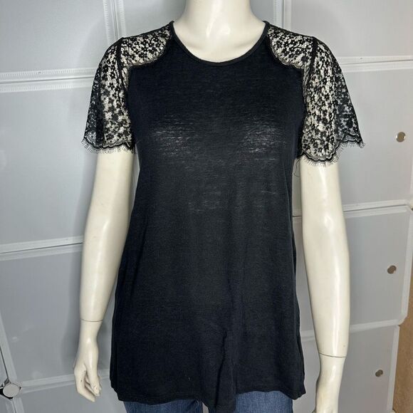 A Pea In The Pod Maternity Black Short Lace Sleeve Linen Blouse Size Small - Picture 1 of 9